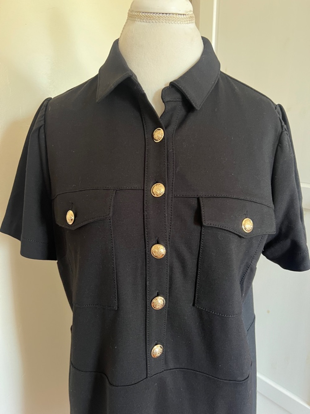 NWT LOFT Outlet Mod Black Ponte Utility Shirt Dress Gold Buttons Size 14 - Picture 3 of 8